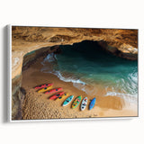 Framed canvas artwork depicting a stunning landscape with cliffs and vibrant colors, showcasing a white frame and side view to highlight its elegant design. Ideal for home decor enthusiasts seeking nature-inspired art.