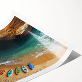 Vibrant landscape canvas print showcasing dramatic cliffs against a stunning sunset, rolled and packaged in a protective cardboard tube for easy transport.