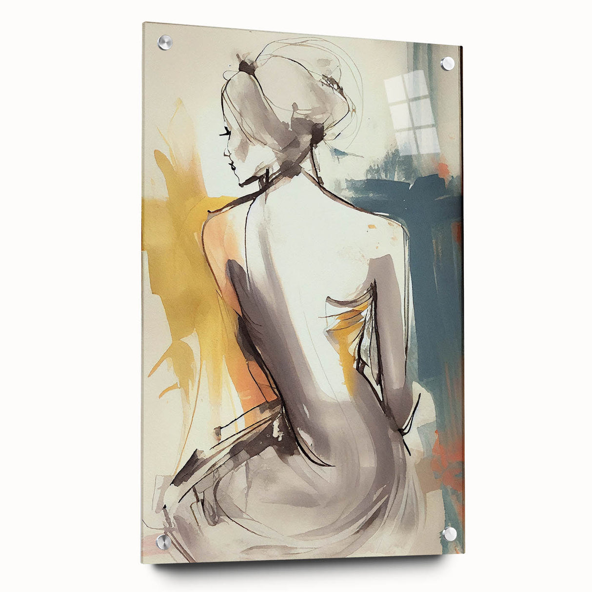 Abstract figurative wall art displayed in a side view, showcasing vibrant acrylic colors and intricate details, mounted with pins for a modern aesthetic.