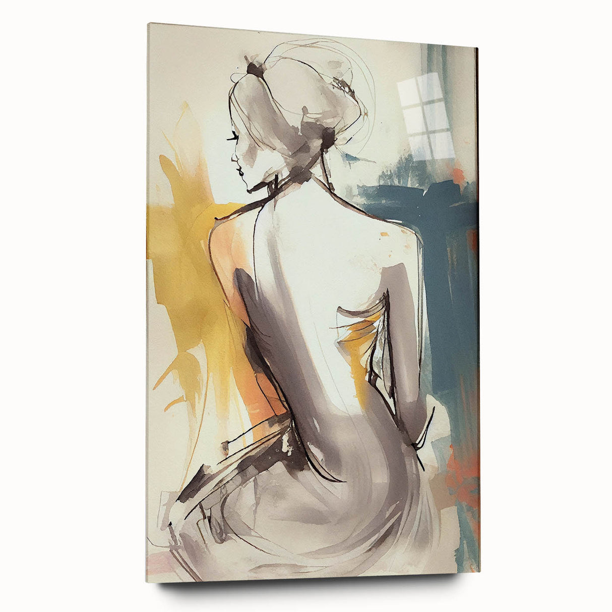 Abstract figurative wall art displayed in a sleek acrylic glass frame, showcasing vibrant colors and dynamic shapes, ideal for modern home decor.