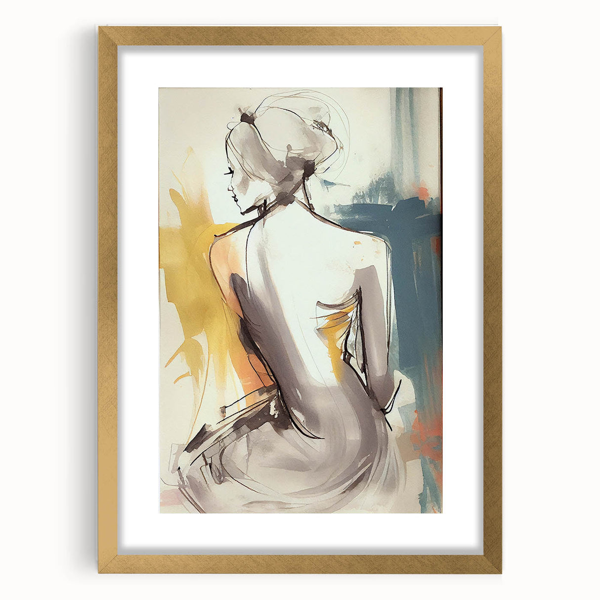 Abstract figurative wall art in a sleek gold frame with a white mat, showcasing intricate design and vibrant colors, perfect for modern home decor.
