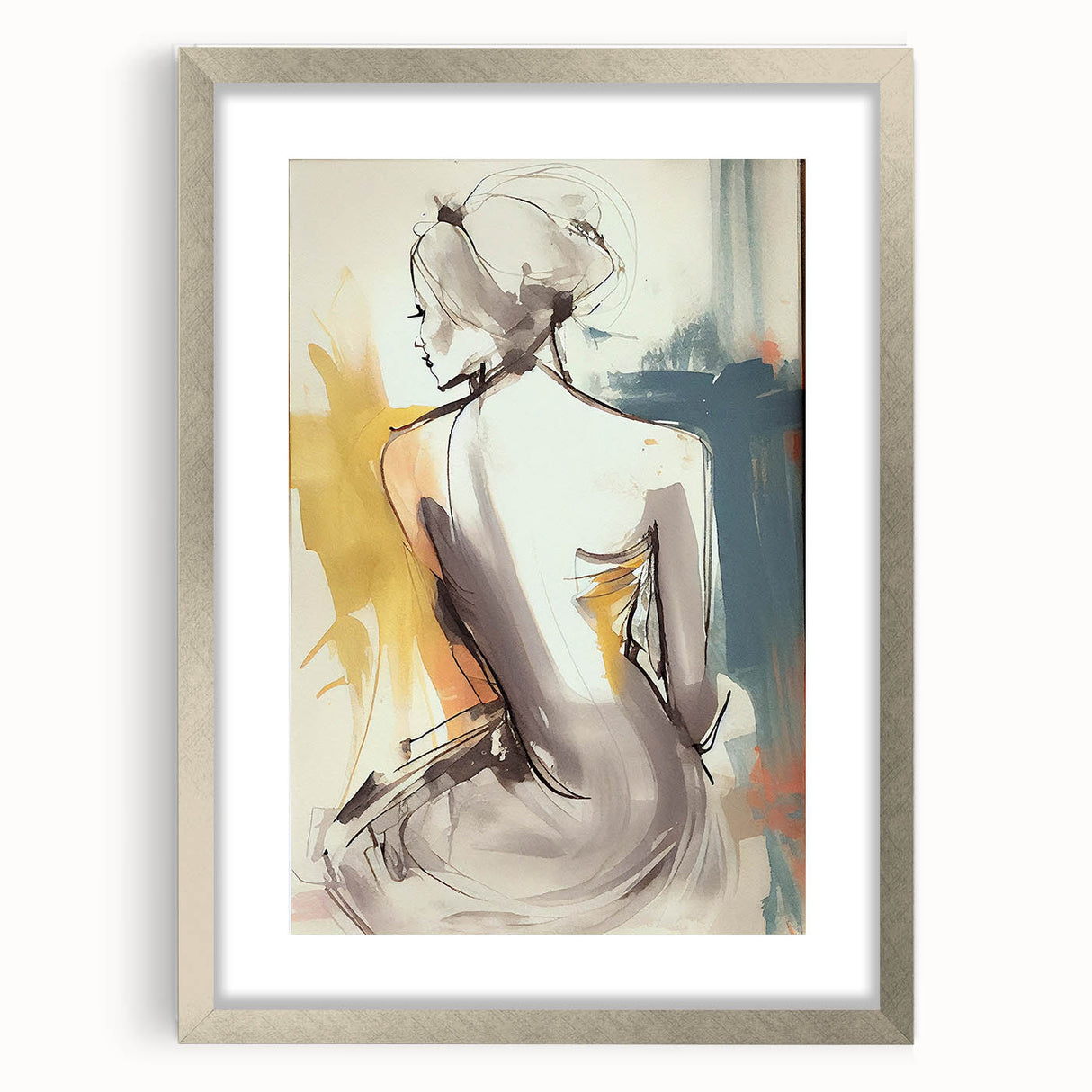 Abstract figurative wall art in a sleek silver frame with a mat, showcasing vibrant colors and dynamic shapes, ideal for modern home decor and artistic expression.