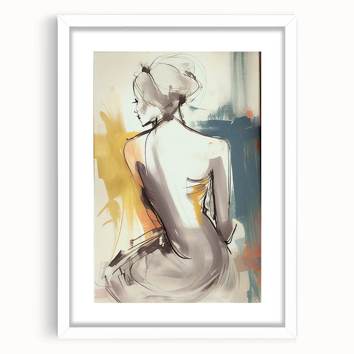Abstract figurative wall art in a sleek white frame with a mat, showcasing vibrant colors and dynamic shapes, perfect for modern home decor.