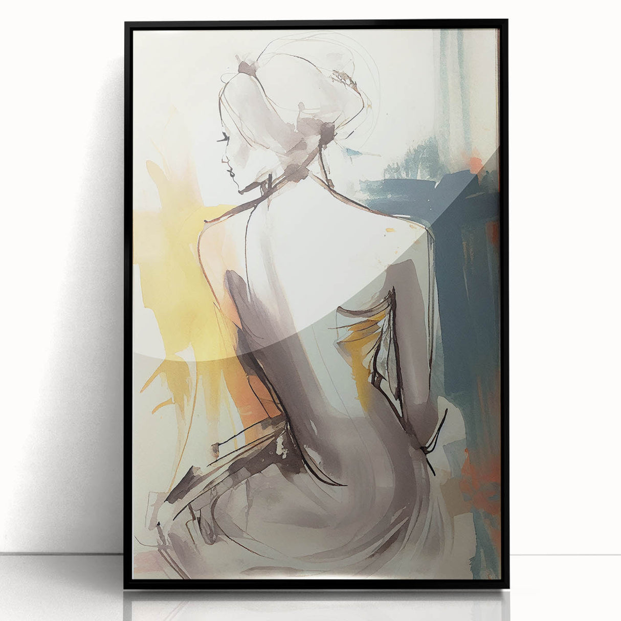 Framed abstract figurative wall art showcasing a vibrant black and white design, featuring geometric shapes and fluid lines, perfect for modern home decor.
