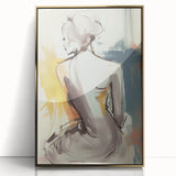 Framed abstract figurative wall art featuring vibrant gold accents and a modern design, displayed against a neutral background, ideal for contemporary decor.
