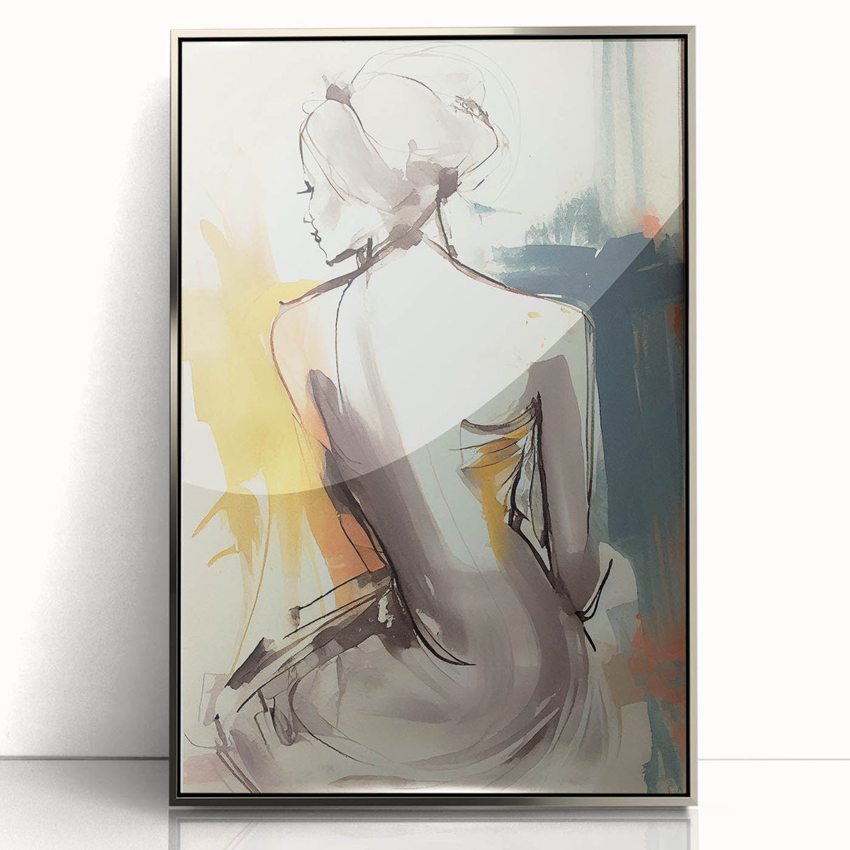 Framed abstract figurative wall art showcasing vibrant colors and unique shapes, set in a sleek silver-acrylic frame, perfect for modern interior decor.
