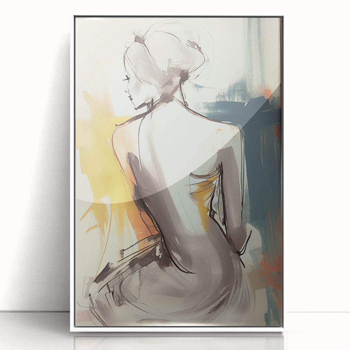 Framed abstract figurative wall art in a sleek white frame, showcasing vibrant colors and modern design, perfect for contemporary home decor.
