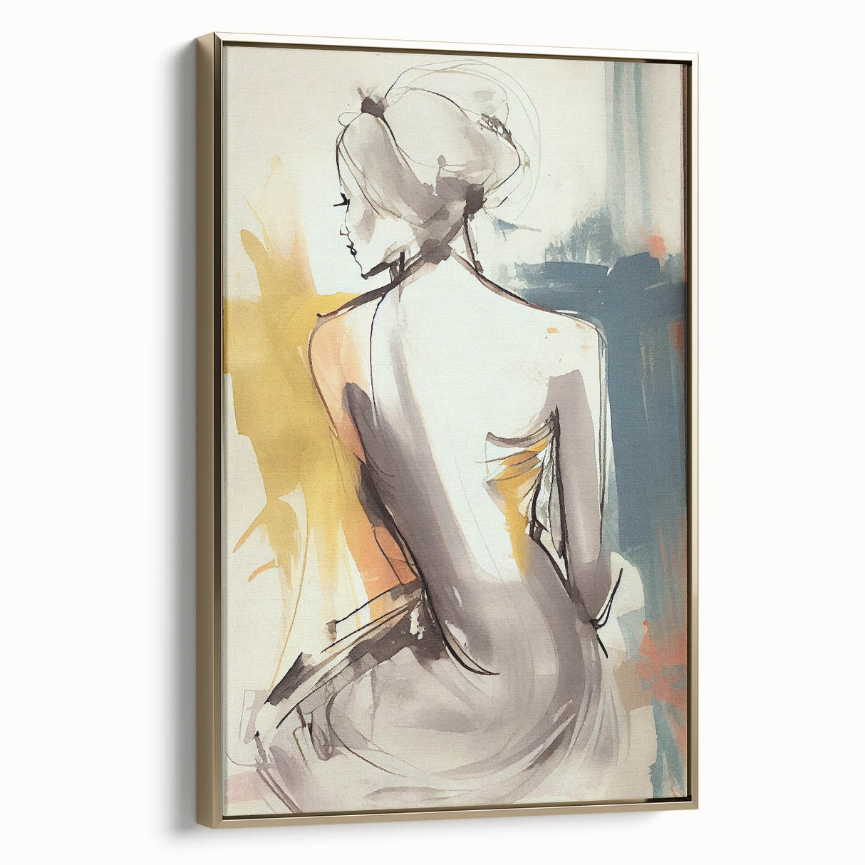 Framed abstract figurative wall art in gold hues, showcasing a modern design with flowing shapes and textures, ideal for contemporary decor.