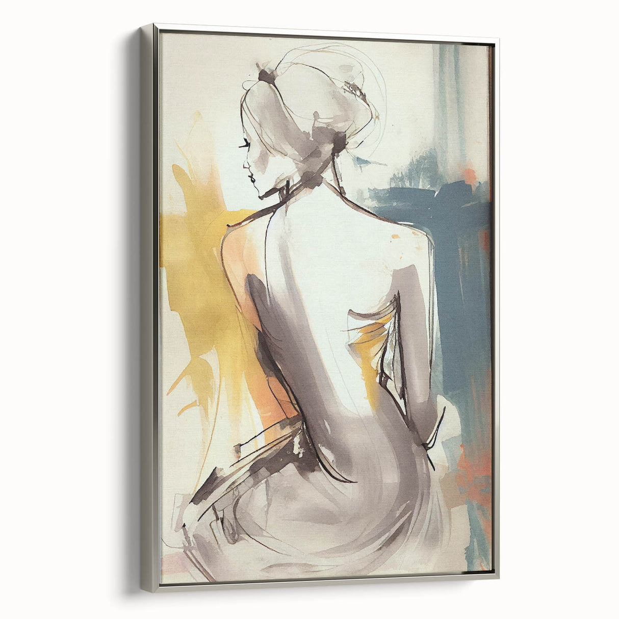 Framed abstract figurative wall art in silver frame, showcasing dynamic shapes and vibrant colors, perfect for modern home décor. Side view highlights depth and texture.