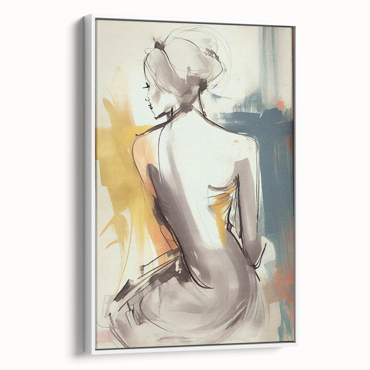 Abstract figurative wall art in a white frame, showcasing vibrant colors and dynamic shapes, perfect for modern home decor, displayed in a stylish setting.