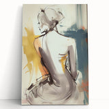 Abstract figurative wall art on stretched canvas, showcasing vibrant colors and dynamic shapes, leaning against a white wall, ideal for modern home decor.
