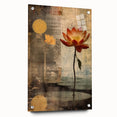 Abstract floral wall art displayed on acrylic glass, showcasing vibrant colors and intricate designs. Side view highlights mounting pins, enhancing decoration options.