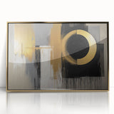 Framed acrylic artwork featuring an abstract geometric design in gold tones, set against a sleek background, perfect for modern home decor.