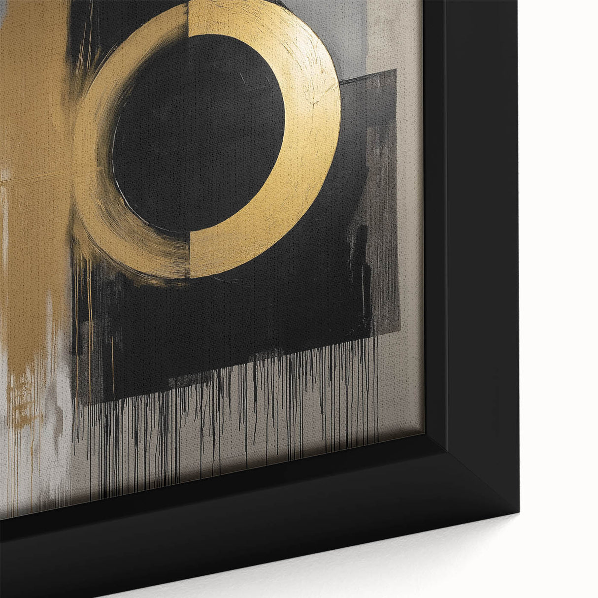 Close-up view of a vibrant abstract geometric framed canvas artwork showcasing bold colors and intricate patterns, ideal for modern home decor or office spaces.