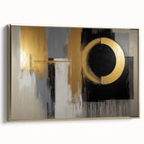 Framed canvas artwork showcasing an abstract geometric design in gold tones, highlighting modern aesthetics and elegance, ideal for contemporary home decor.