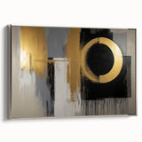 Abstract geometric framed canvas art in silver, showcasing intricate patterns and modern design elements, perfect for contemporary home decor. The artwork's sleek framing adds sophistication, making it an ideal accent piece for living spaces or offices.