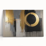 Abstract geometric stretched canvas artwork featuring vibrant colors and unique shapes, elegantly leaning against a textured wall, ideal for modern home decor.