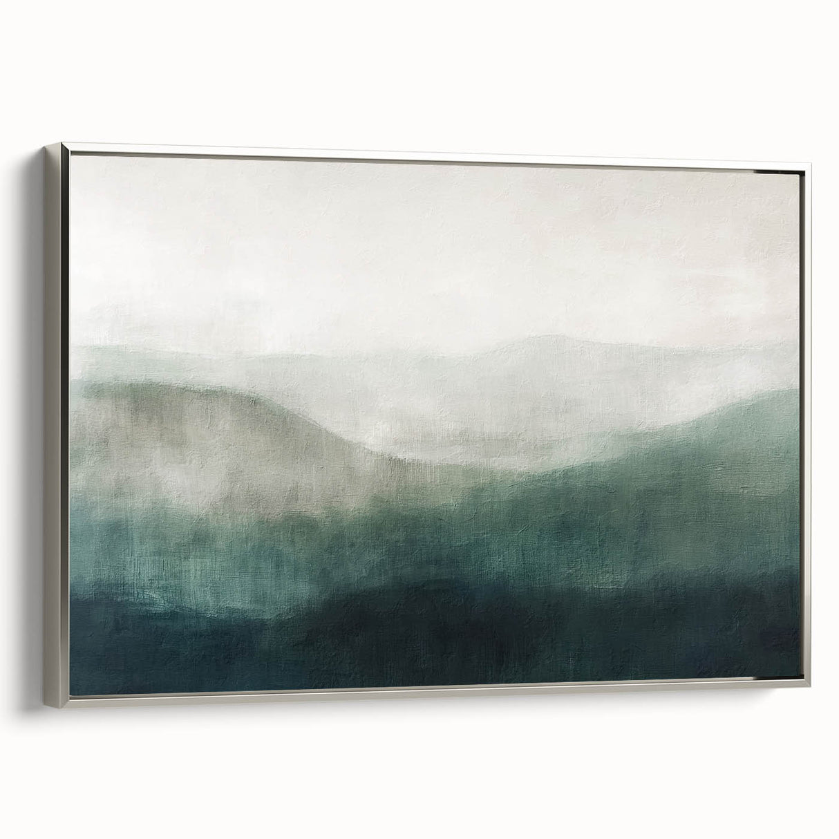 Framed abstract landscape wall art in silver, showcasing vibrant colors and dynamic shapes, perfect for modern home decor. Side view highlights its elegant finish.