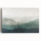 Abstract landscape wall art on stretched canvas featuring vibrant hues of blue, green, and gold, showcasing a serene mountain scene. Ideal for modern home decor.