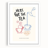 Abstract art print featuring swirling hues of blue and white, framed in white, suitable for dining room or bedroom.