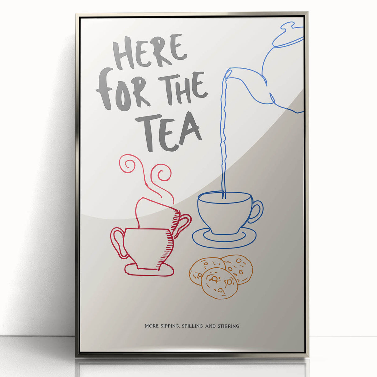 Large art print of a mid-century modernist food and drink motif in silver frame, suitable for modern kitchen decor.