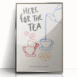 Large art print of a mid-century modernist food and drink motif in silver frame, suitable for modern kitchen decor.