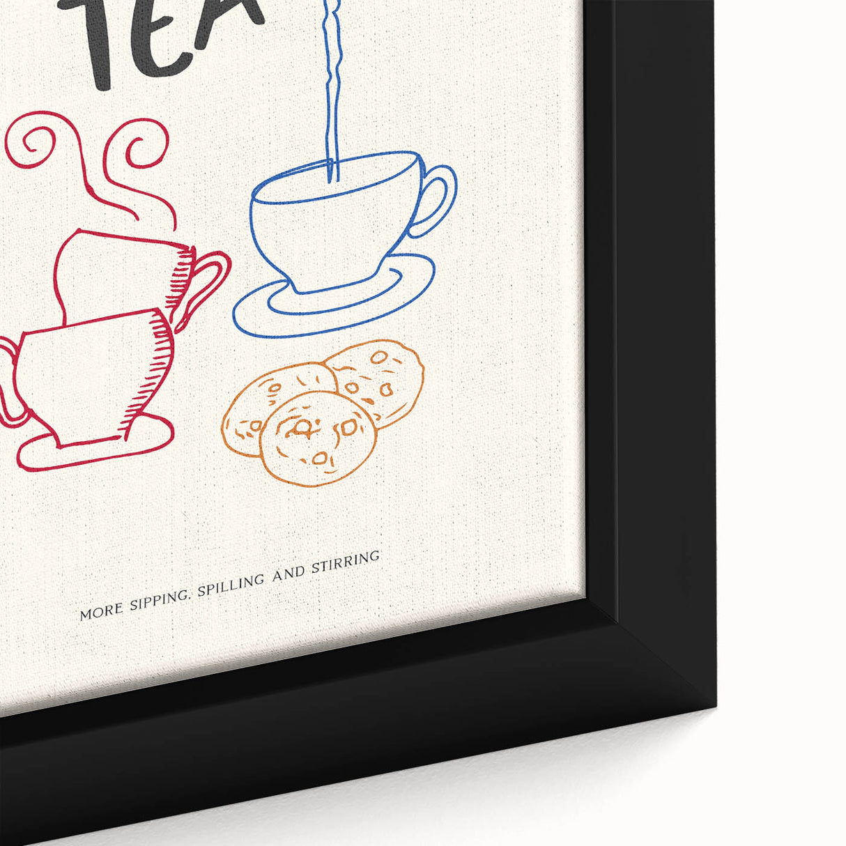 Close-up of extra large black wall art on canvas featuring colorful, textured food and drink motifs.