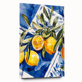 Large abstract wall art of assorted fruits in vibrant colors on acrylic glass, suitable for bedroom or dining room decor.