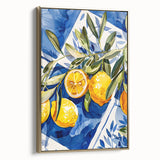 Framed canvas featuring a vintage poster of assorted fruits in muted gold and black, ideal for bedroom wall art.