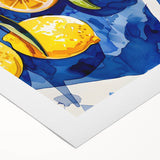 Art deco poster featuring assorted fruits in vibrant colors on a rolled canvas, suitable for dining room wall art.