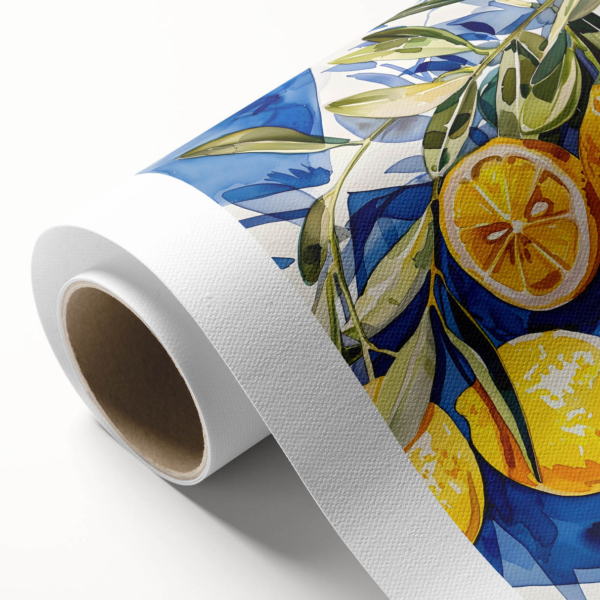 Art Deco poster featuring an array of colorful fruits on a rolled canvas, ideal for nursery wall art or dining room decor.