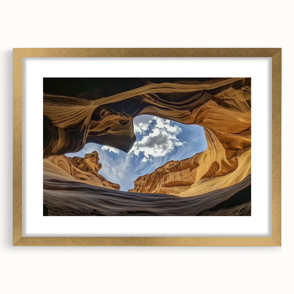 Landscape artwork featuring a breathtaking canyon scene framed in elegant gold, showcasing rich earthy tones and dramatic rock formations, ideal for home decor.