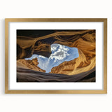 Landscape artwork featuring a breathtaking canyon scene framed in elegant gold, showcasing rich earthy tones and dramatic rock formations, ideal for home decor.
