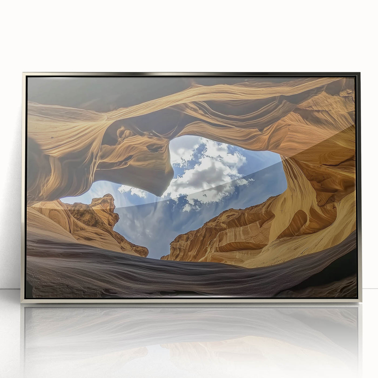Framed acrylic artwork showcasing a serene landscape of canyons with vibrant colors and intricate details, perfect for enhancing modern home decor.