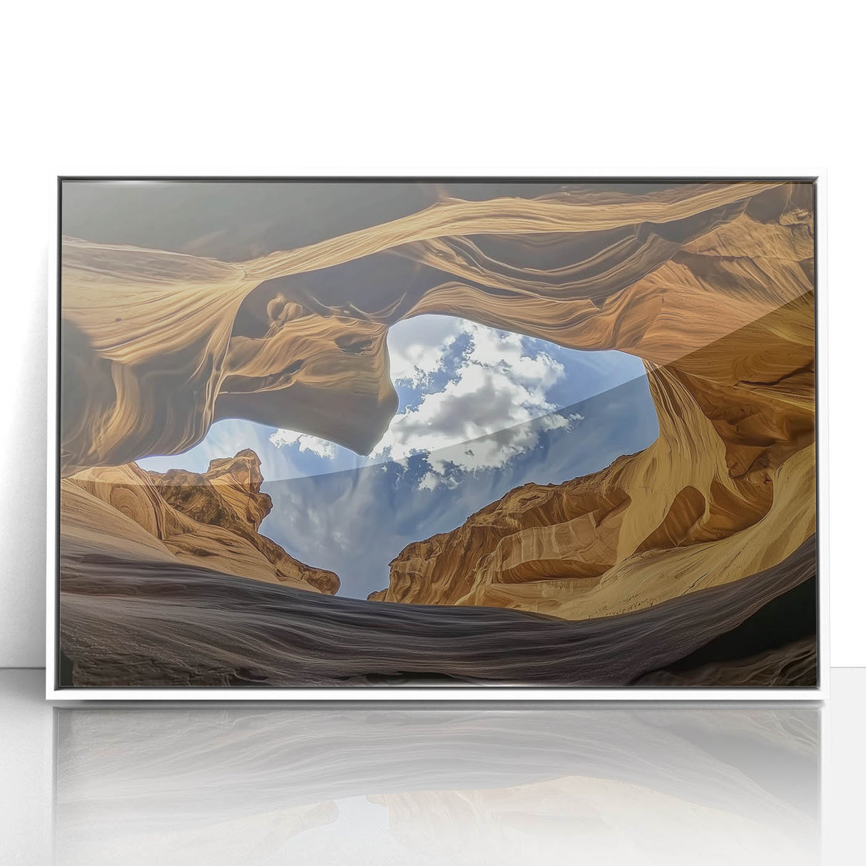 Framed acrylic landscape artwork showcasing vibrant canyons in warm hues, set in a sleek white frame, perfect for enhancing modern home decor. Ideal for nature lovers and art enthusiasts.
