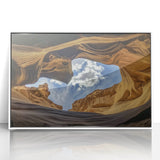 Framed acrylic landscape artwork showcasing vibrant canyons in warm hues, set in a sleek white frame, perfect for enhancing modern home decor. Ideal for nature lovers and art enthusiasts.