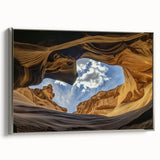 Framed landscape canvas featuring a stunning view of canyons with silver accents, showcasing intricate textures and vibrant colors, perfect for home decor.