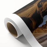 Landscape canyons rolled canvas artwork showcasing vibrant hues of orange and blue, depicting a serene desert scene with dramatic rock formations, perfect for home decor.