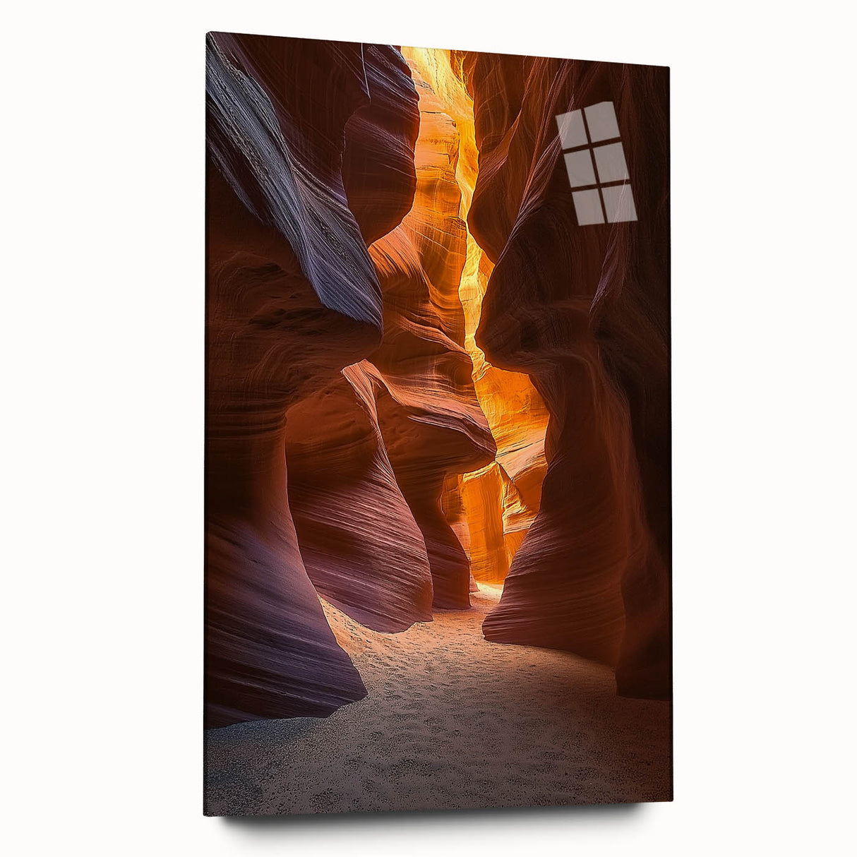 Desert landscape acrylic print showcasing vibrant hues of orange and yellow, framed in sleek glass, ideal for modern home decor. Perfect for adding warmth and a touch of nature to any space.