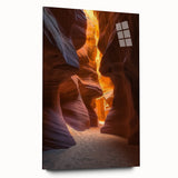 Desert landscape acrylic print showcasing vibrant hues of orange and yellow, framed in sleek glass, ideal for modern home decor. Perfect for adding warmth and a touch of nature to any space.