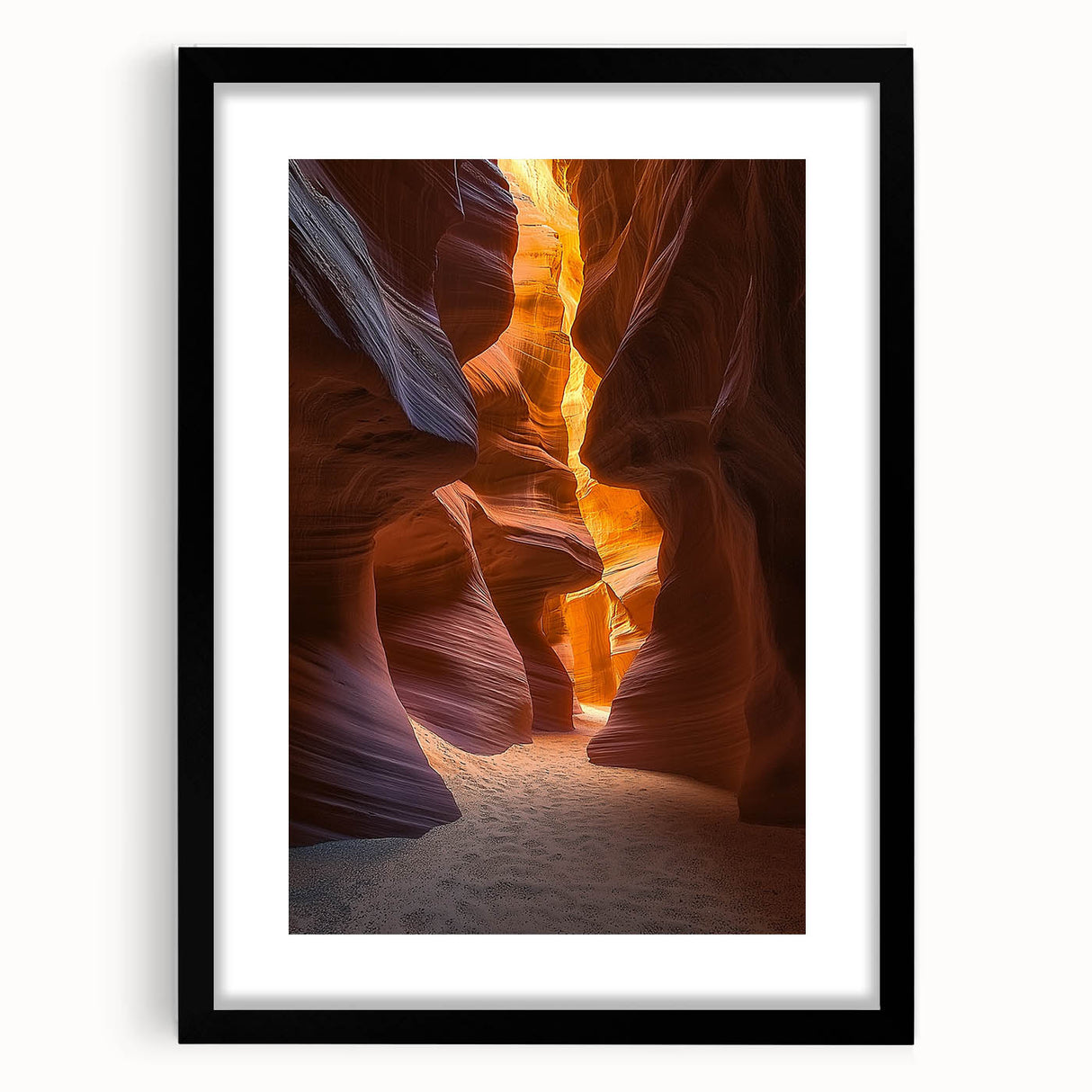 Black-framed desert landscape artwork with a white mat, showcasing vibrant colors and intricate details, perfect for home decor or office ambiance.