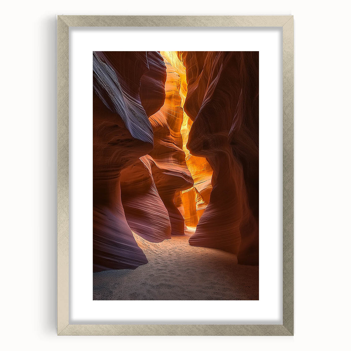 Framed desert landscape artwork in a silver frame with a white mat, showcasing vibrant colors and intricate details, perfect for home decor or gallery display.