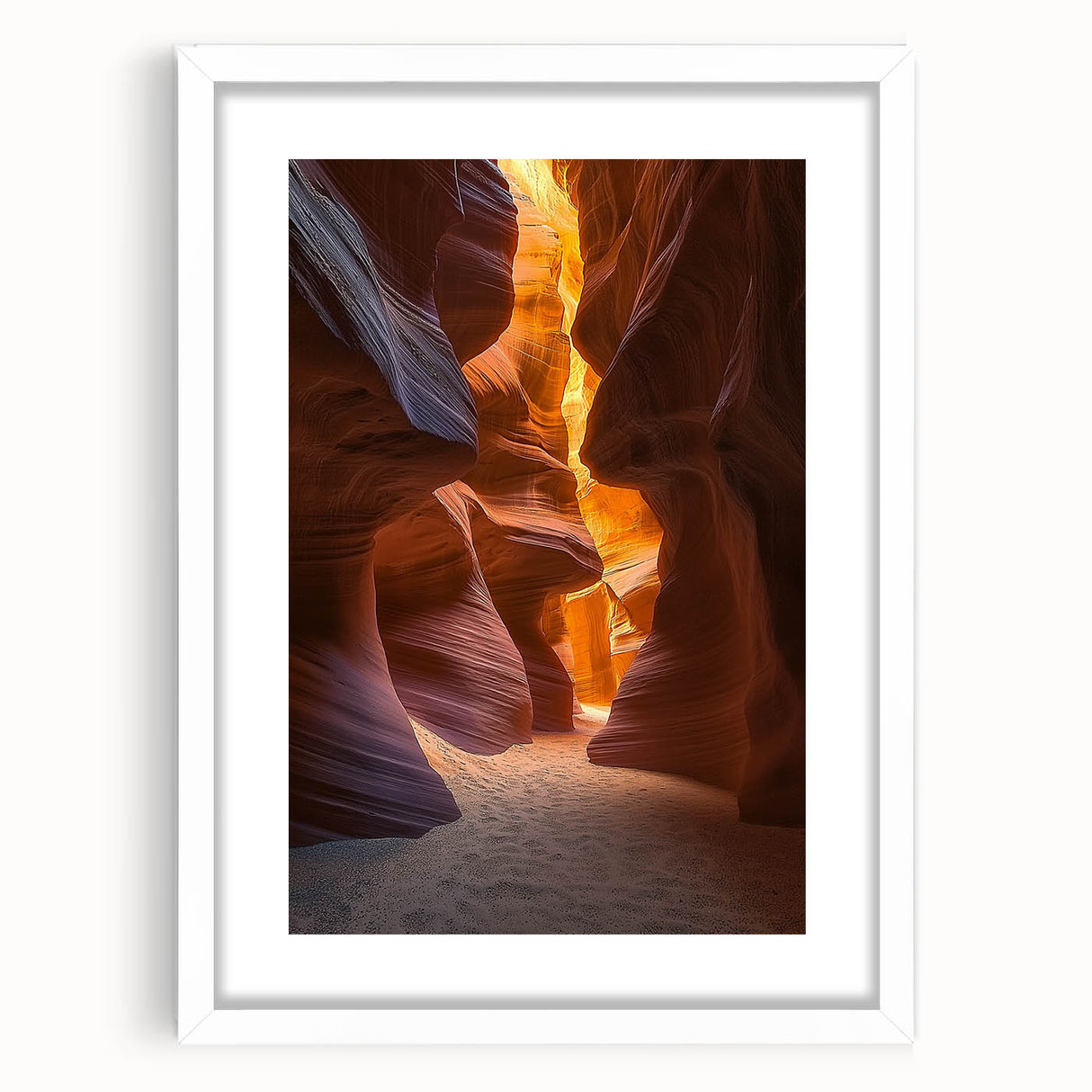 Desert landscape framed print in a white mat, showcasing vibrant orange and yellow hues of a sunset over sand dunes, ideal for minimalist decor.