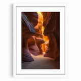 Desert landscape framed print in a white mat, showcasing vibrant orange and yellow hues of a sunset over sand dunes, ideal for minimalist decor.