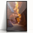Framed acrylic artwork depicting a vibrant desert landscape, featuring warm hues of orange and yellow with striking black framing, perfect for modern home decor.