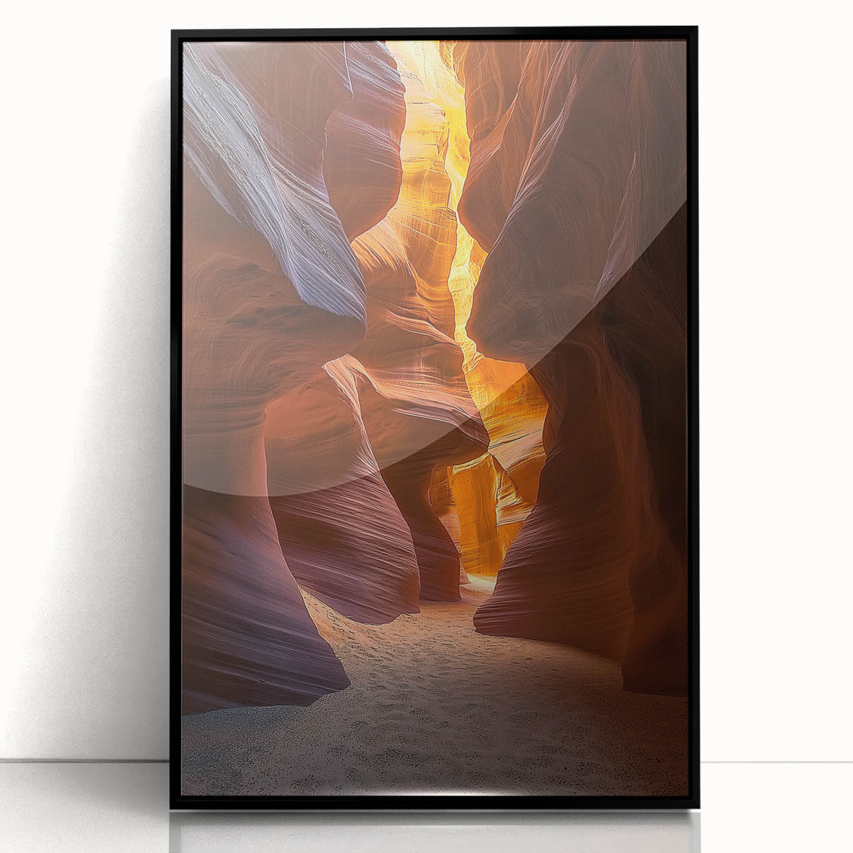 Framed acrylic artwork depicting a vibrant desert landscape, featuring warm hues of orange and yellow with striking black framing, perfect for modern home decor.