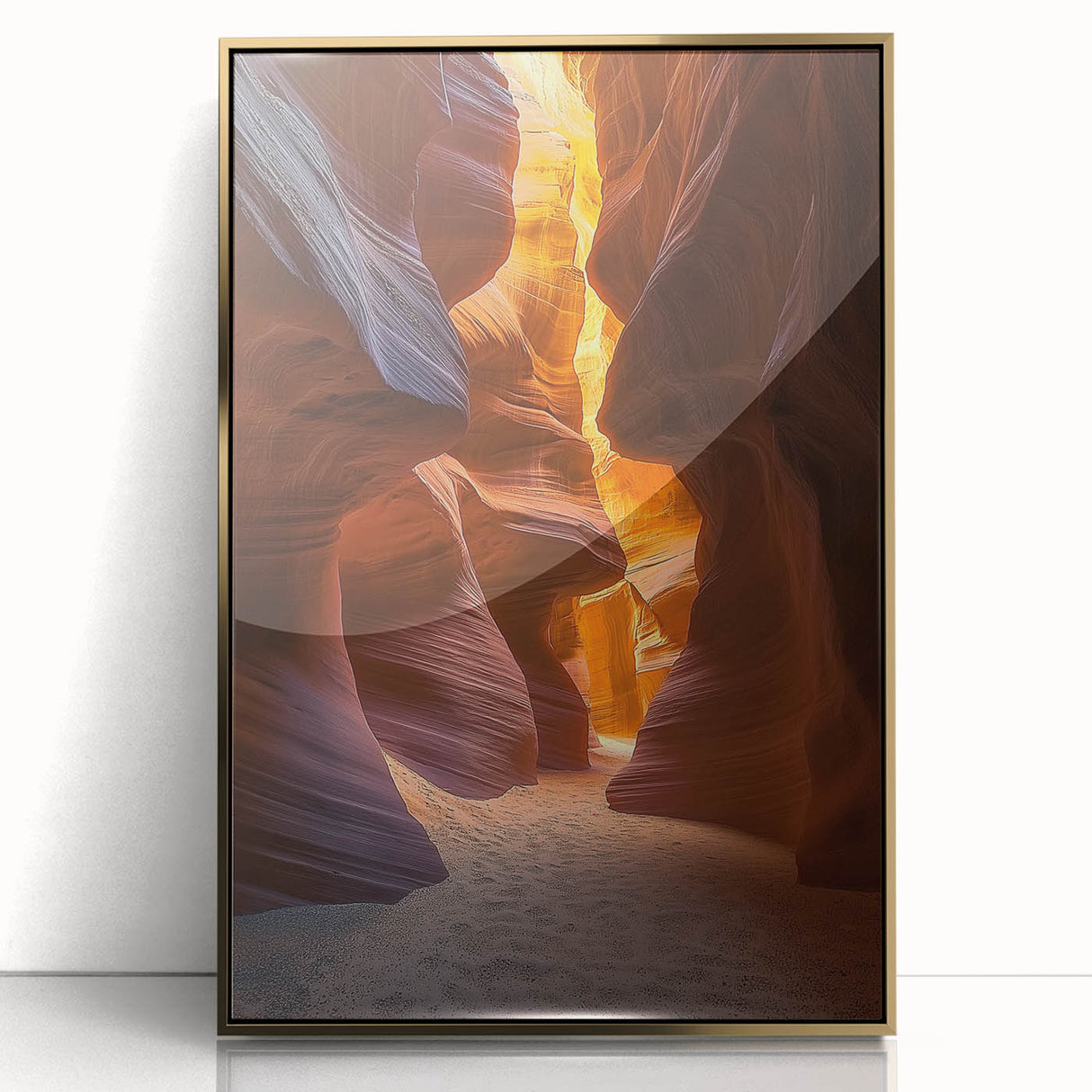 Framed acrylic artwork depicting a vibrant desert landscape with golden hues, showcasing cacti and mountains under a clear blue sky, perfect for modern home décor.