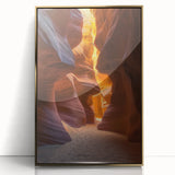 Framed acrylic artwork depicting a vibrant desert landscape with golden hues, showcasing cacti and mountains under a clear blue sky, perfect for modern home décor.