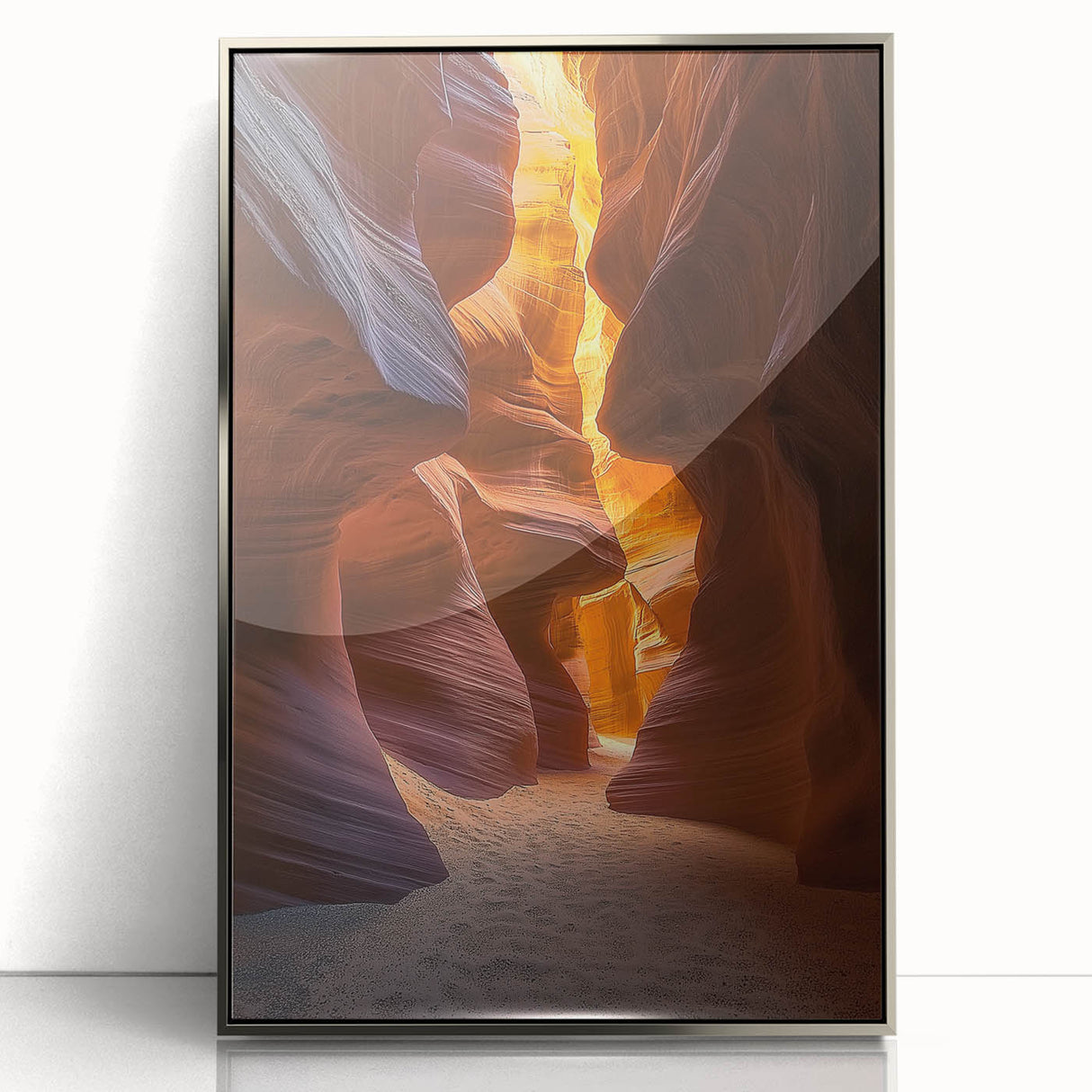 Framed acrylic artwork showcasing a vibrant desert landscape with dynamic colors and intricate details, perfect for enhancing modern home decor.