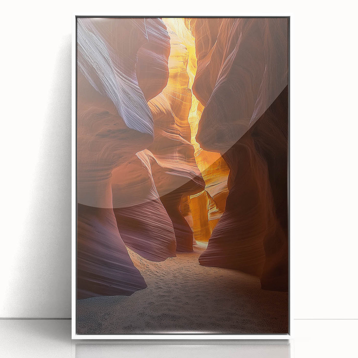 Framed acrylic artwork showcasing a vibrant desert landscape, featuring warm hues of orange and yellow with a sleek white frame, ideal for modern home decor.